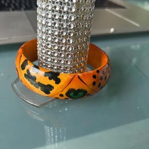 Vintage Wooden Bangle with Painted Hearts and Animal Print